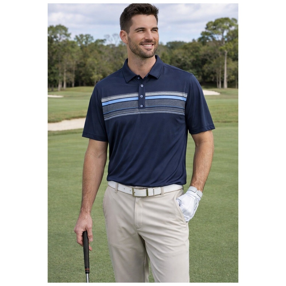 Pebble Beach Polo Shirt Mens Large Navy Blue Good Striped Dry-Luxe Performance